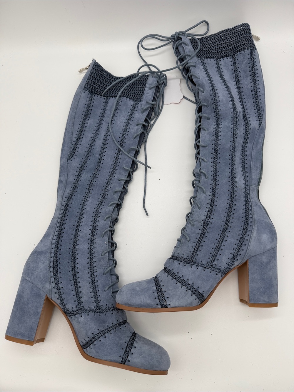 Silent D Blaire Lace Up Tall Knee Leather Boots Dusty Blue walnut
